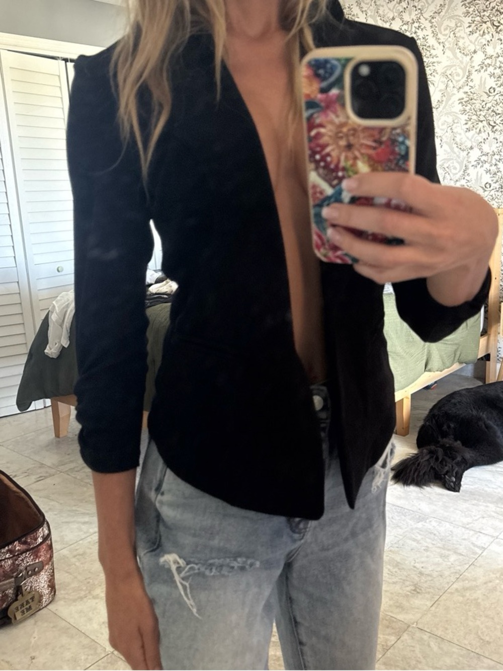 bar III Classic Crepe Ruched-Sleeved Black Blazer